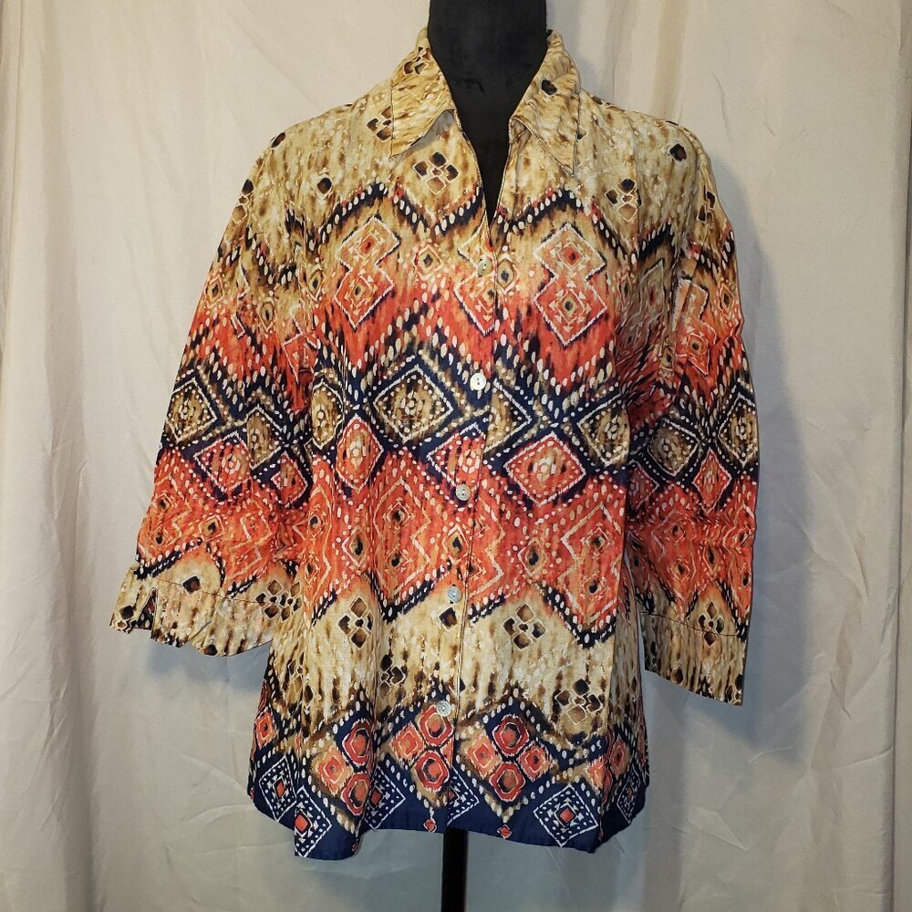 Women's Samantha Grey Geometric Print Button-Down Shirt - Size 16